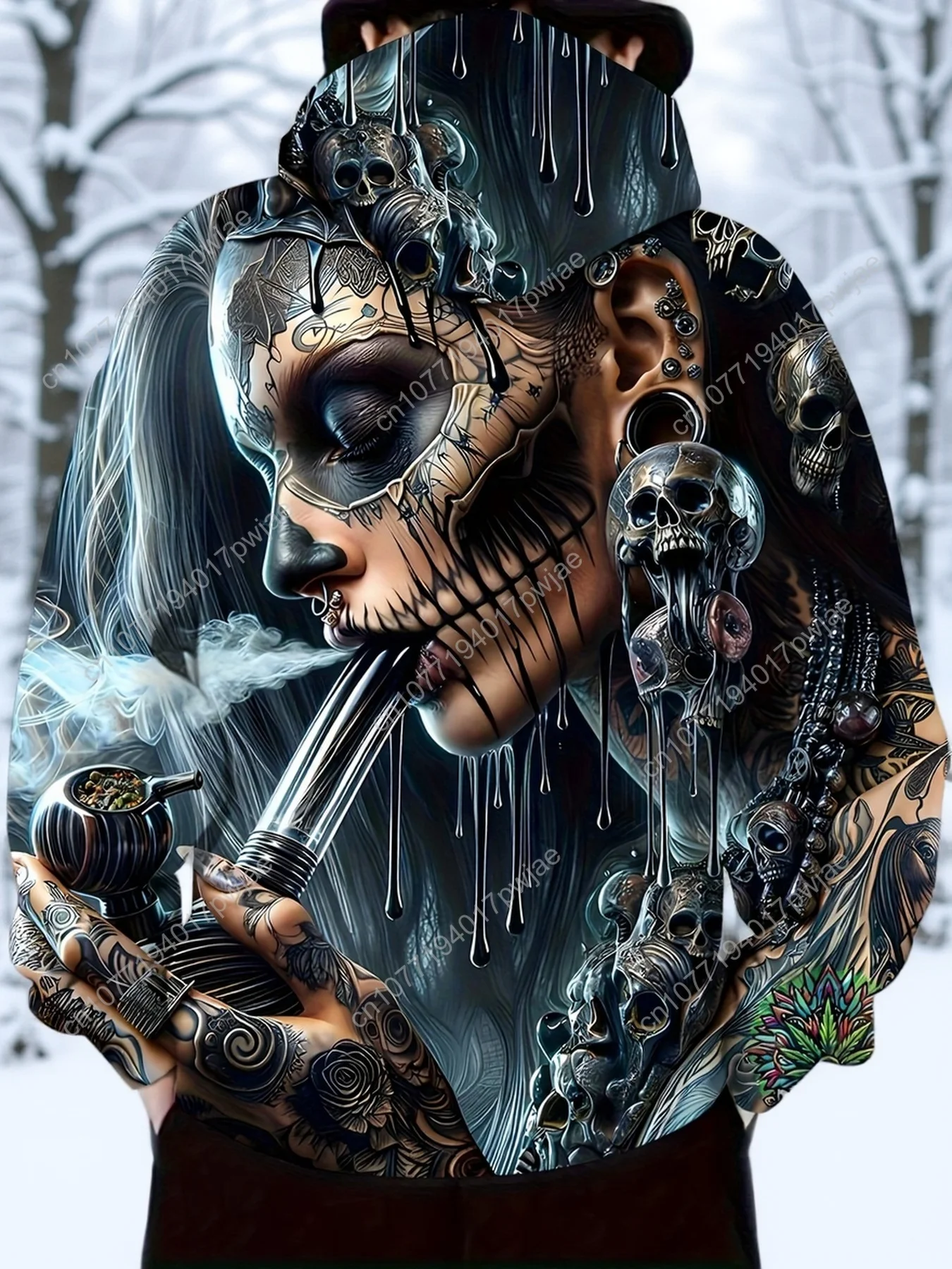 Moletom masculino com capuz de Halloween – moletom gótico com caveira e fumar, suéter preto com capuz para roupa de festa de Halloween, St