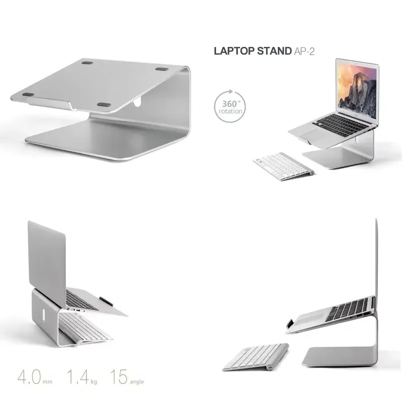 New Silver Unique Design Aluminum Laptop Holder 360 Degree Rotatable Ergonomic Laptop Holder, Load-bearing Capacity 1.4kg