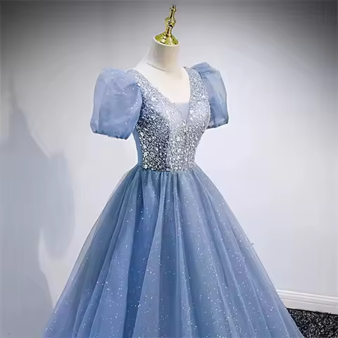 2025 Summer Women New Blue Evening Dress Dress Woman High Waist Slim Elegant Temperament Graduation Season Art Exam Dress