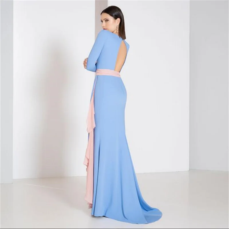 MULONG Elegant Sky Blue  Evening Dress for Women 2023 Summer Square Collar  Backless Long Sleeve Classic Formal  Party Prom