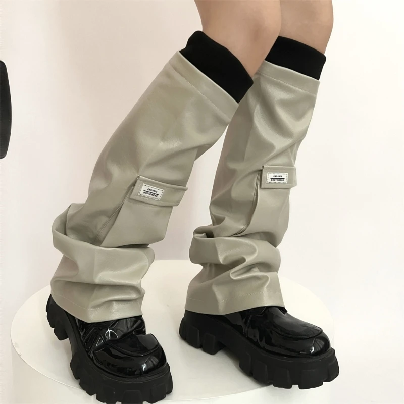 Calzini lunghi Y2k Calzini scaldamuscoli gotici in pelle PU Calzini punk per ragazze streetwear Copri gambe Calzini alti al ginocchio