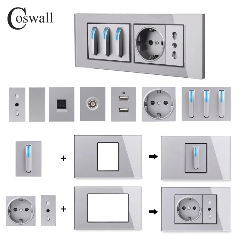 Coswall DIY EU/FR/UK/Italian Standard Socket US Standard Module Toggle Wall Light Switch HDMI USB CAT6 Internet Glass Panel