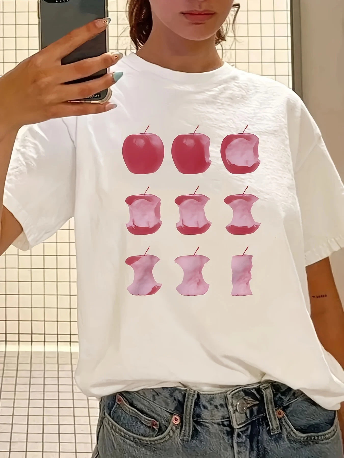 

Vintage Casual Short Sleeve T-Shirt - White Round Neck Semi-Sheer Top with Pink Apple Ladies T ShirtsSoft Texture Shirt