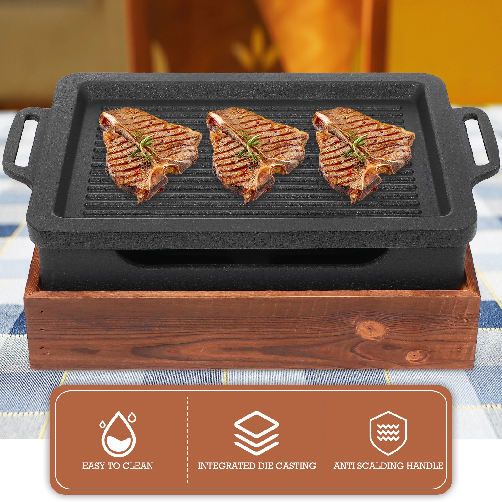 

Aluminum Wood Base Grill Pan Non stick Rectangular Black Barbecue Tray Family Outdoor Cooking Steak Lamb Oven