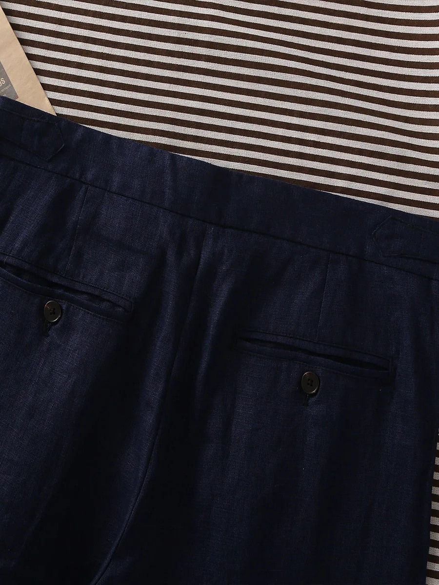 POT&CRAFTSMAN Marineblaue, reine Leinen-Paris-Hose mit Knöpfen und Mikrogeschikern. Italienische, lässige, einfaltige Anzughose für Herren, individuell gestaltet