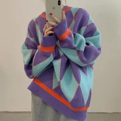 MEXZT Streetwear Argyle maglione donna oversize Plaid pullover lavorati a maglia Vintage coreano maglieria allentata Harajuku maglione Casual nuovo