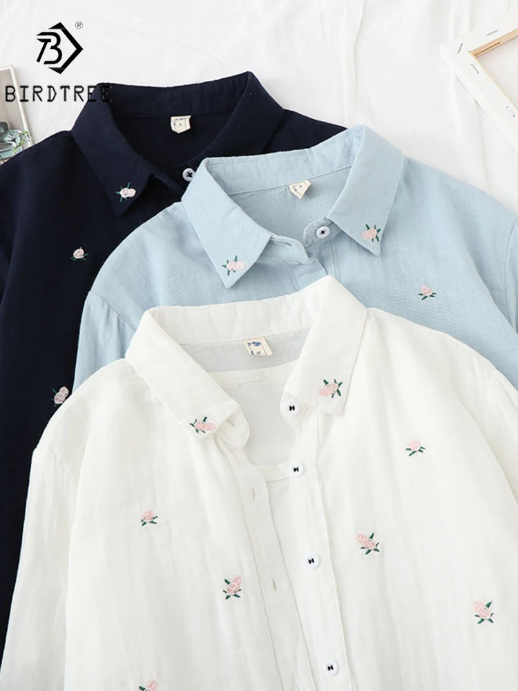 New Spring Women Double-layer Cotton Shirts Full Sleeve Embroidery Floral Turn Down Collar Loose Casual Soft Blouse Offi T33011X