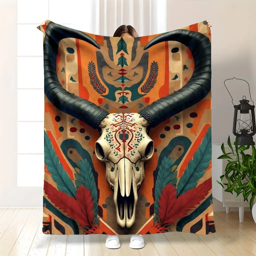 Large Boho Skull Print Throw Blanket Southwestern Tribal Art Decor Fleece Cover Ideal Bedroom Decor 150x200cm
