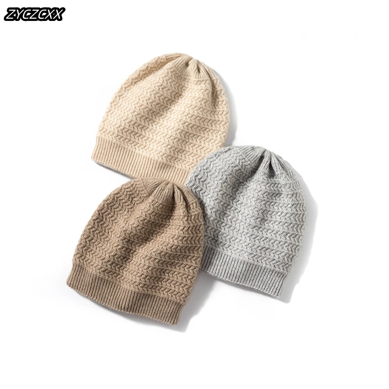 

100% Pure Goat Cashmere Women's Striped Hat Winter Thickened Warm Knit Hat Women Regardless Of Gender Fashion Solid Hat For Men