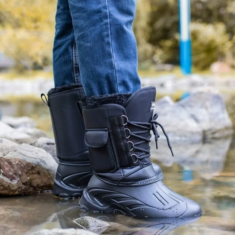 Botas de chuva masculinas de cano médio ao ar livre antiderrapante à prova d'água botas de pesca inverno pelúcia quente bota de neve de algodão de pelúcia botas de chuva para homens