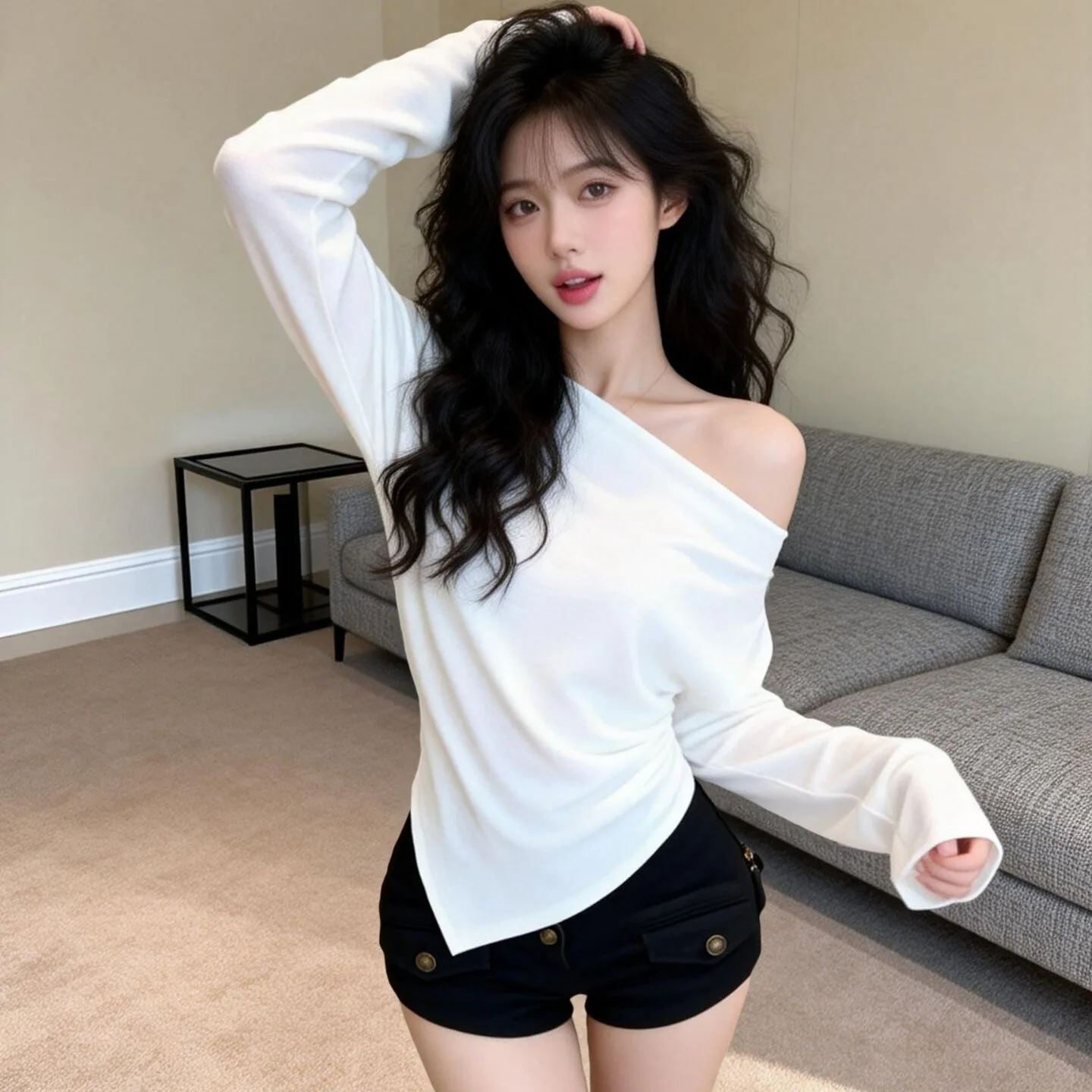 

Spicy Girl Pure Desire Off-oulder Irregular Slim Fit Top Women's Spring New Sle Heart Tri Slimming Base irt