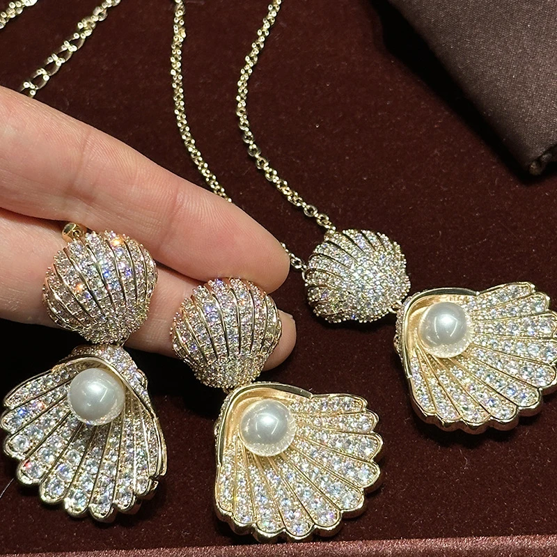 sparking Double Layer Scallop Shell Dangle Earrings Imitation Pearl Statement Ear Accessory