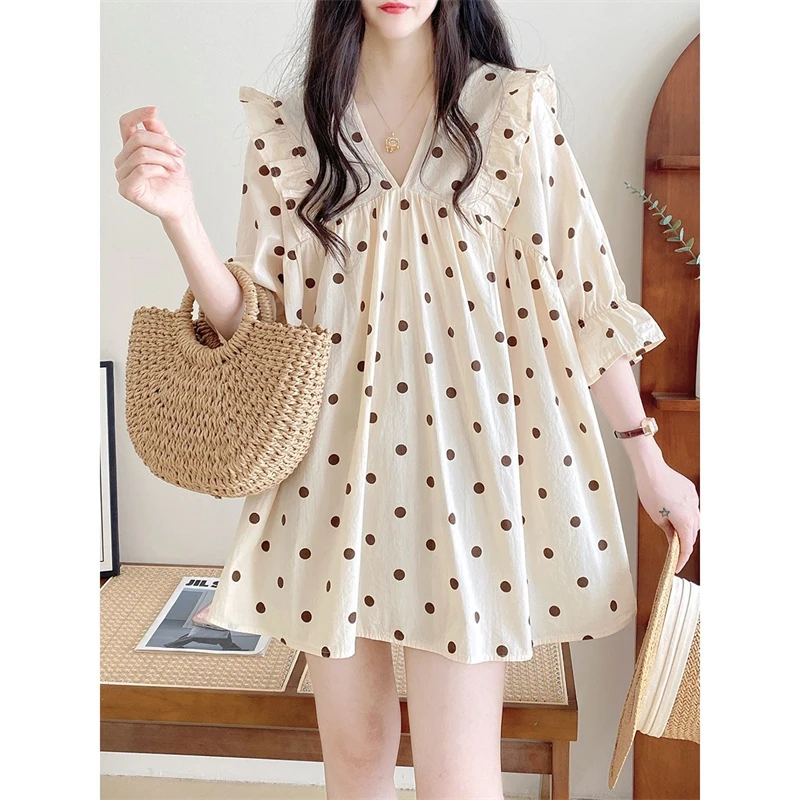 New Women Trendy Polka Dot Print Ruffles Blouses Summer Sweet Kawaii Chic Half Sleeve Shirts Female Casual V Neck Oversized Tops