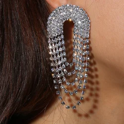 Stonefans Fashion Rhinestone U Type Tassel Earrings for Women Exaggerate Shiny Long Multilayer Earrings Jewelry Accessories