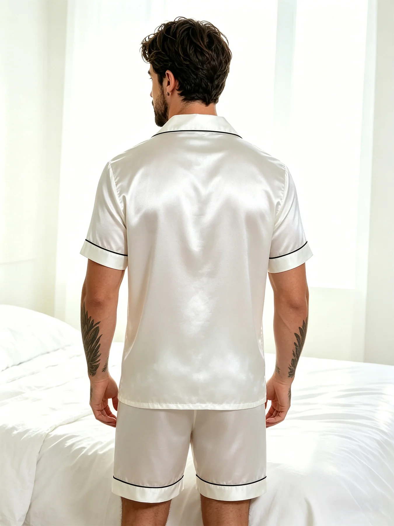 2-teiliges Pyjama-Set aus seidigem Satin für Herren, kurzärmeliges Hemd mit Revers, Brusttasche und Shorts, glatte Haptik, weiche Nachtwäsche, gemütliche Nachthemden – Detail 22