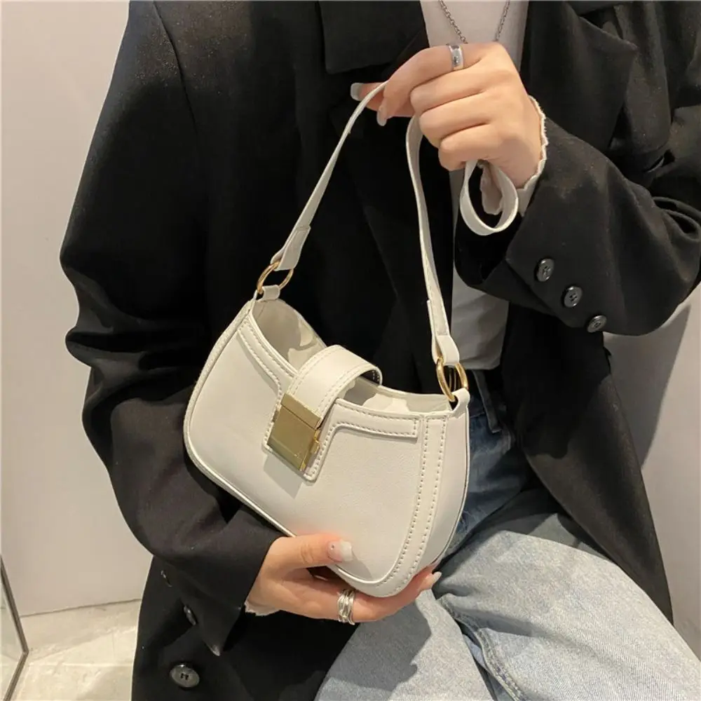 Ladies Trendy Vintage Underarm Bag Solid Color PU Leather Shoulder Bags Fashion Simple Handbag Female Purse