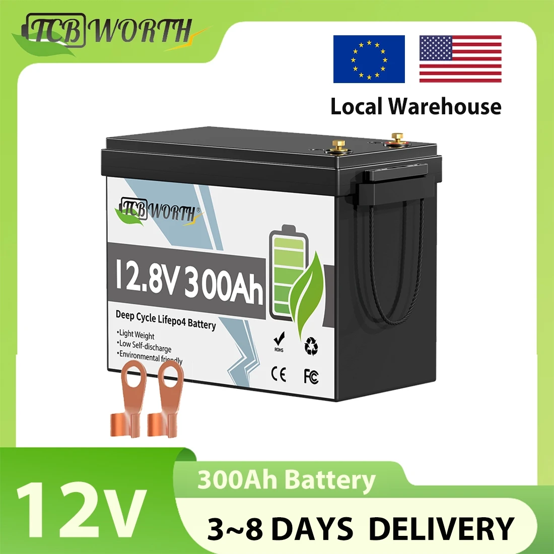 TCBWORTH 12V 300Ah LiFePO4 Lithium Battery with 200A BMS,6000+ Cycles,Low-Temp Protection for RV,Off-Grid,Home Storage & Marine