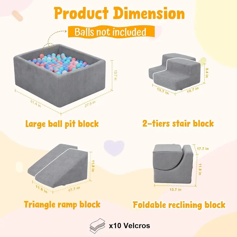 6-częściowy zestaw piankowych klocków do wspinaczki dla maluchów z basenkiem z kulkami, miękki zestaw do zabawy w pomieszczeniach dla dzieci w wieku 1-3 lat, zmywalna struktura modułowa (kulki nie są dołączone)