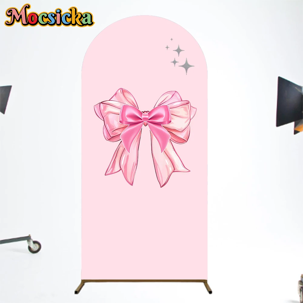Mocsicka Pink Bow Arch Backdrop Cover Soft Double-Faced Grid Stripe Decoration Baby Shower Girl Birthday Party Arched Background