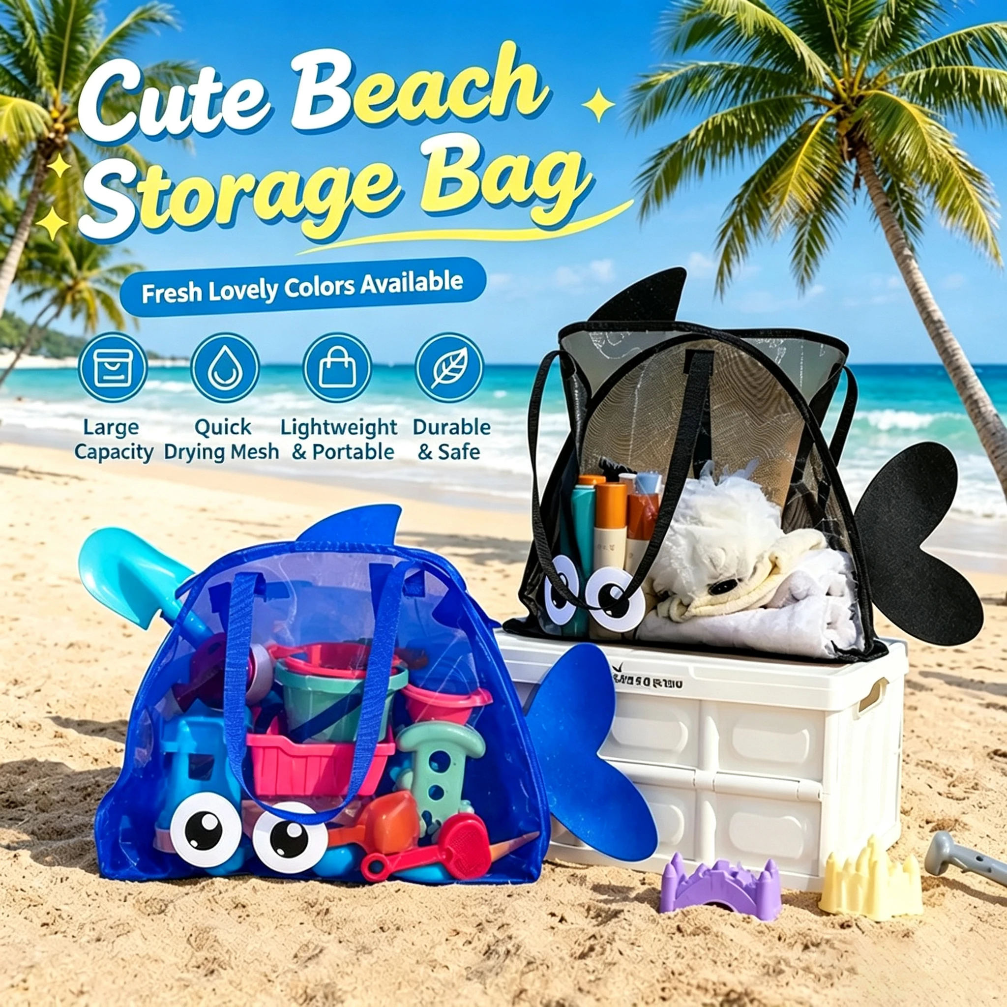 Cute Large Capacity Storage Bag Portable Foldable Mesh Sand Digging Toy Organizer Pouch for Beach Travel Outdoor Sports