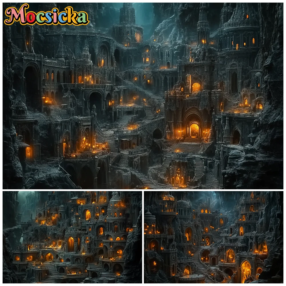 Mocsicka Dark Cave Ancient Underground Castle Photography Backdrop Fantasy Ruined City Medieval Palace Cosplay Photo Backgrounds
