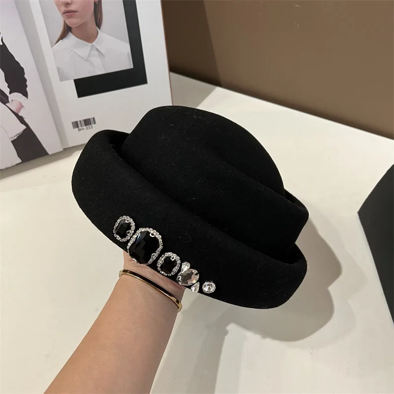 High quality rhinestone wool top hat Korean version versatile beret fashion retro style painter\'s hat church dress bucket hat