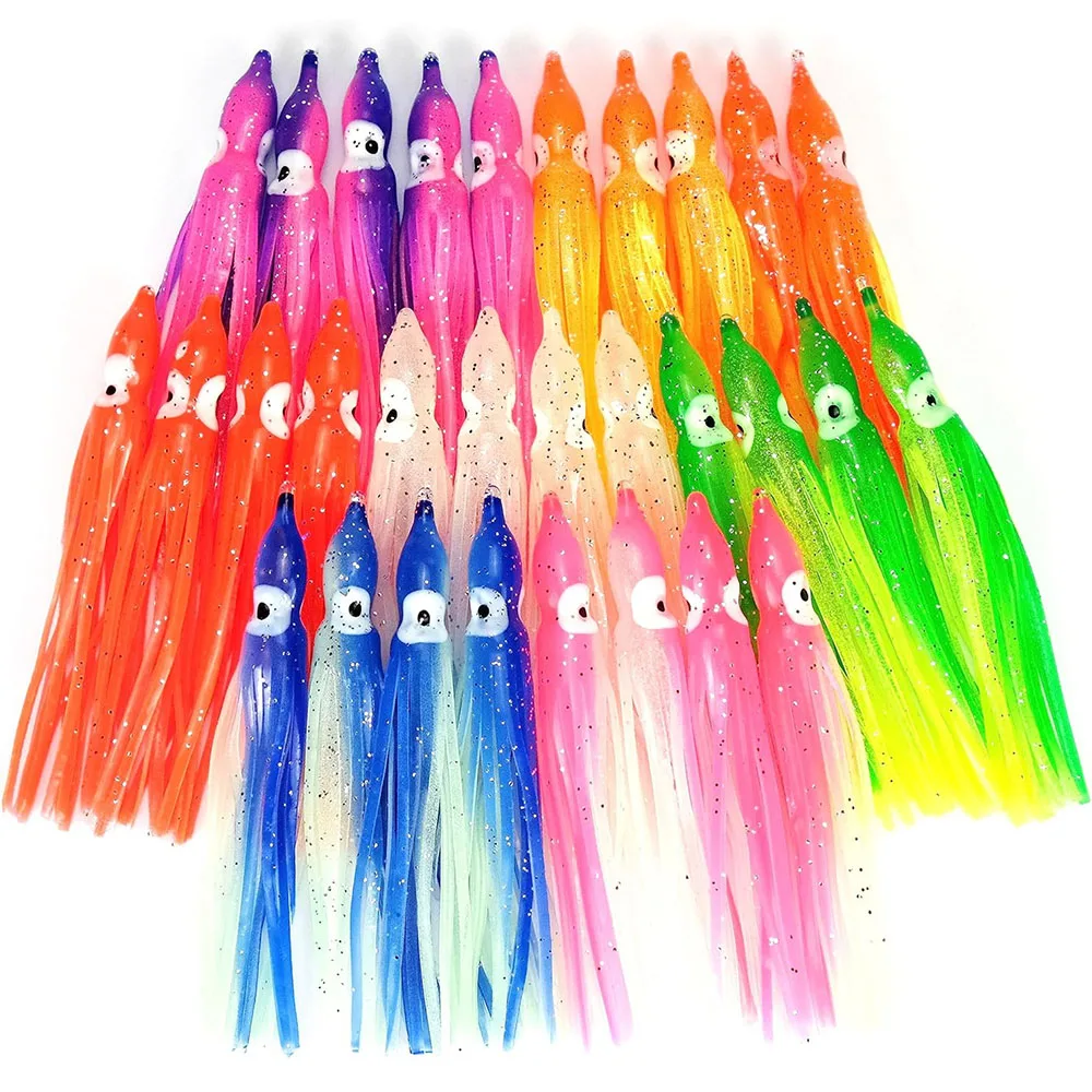 5 unids/bolsa pesca luminosa calamar cebo suave 5cm-12cm silicona suave 20 colores fluorescente pulpo señuelo accesorios de equipo de pesca