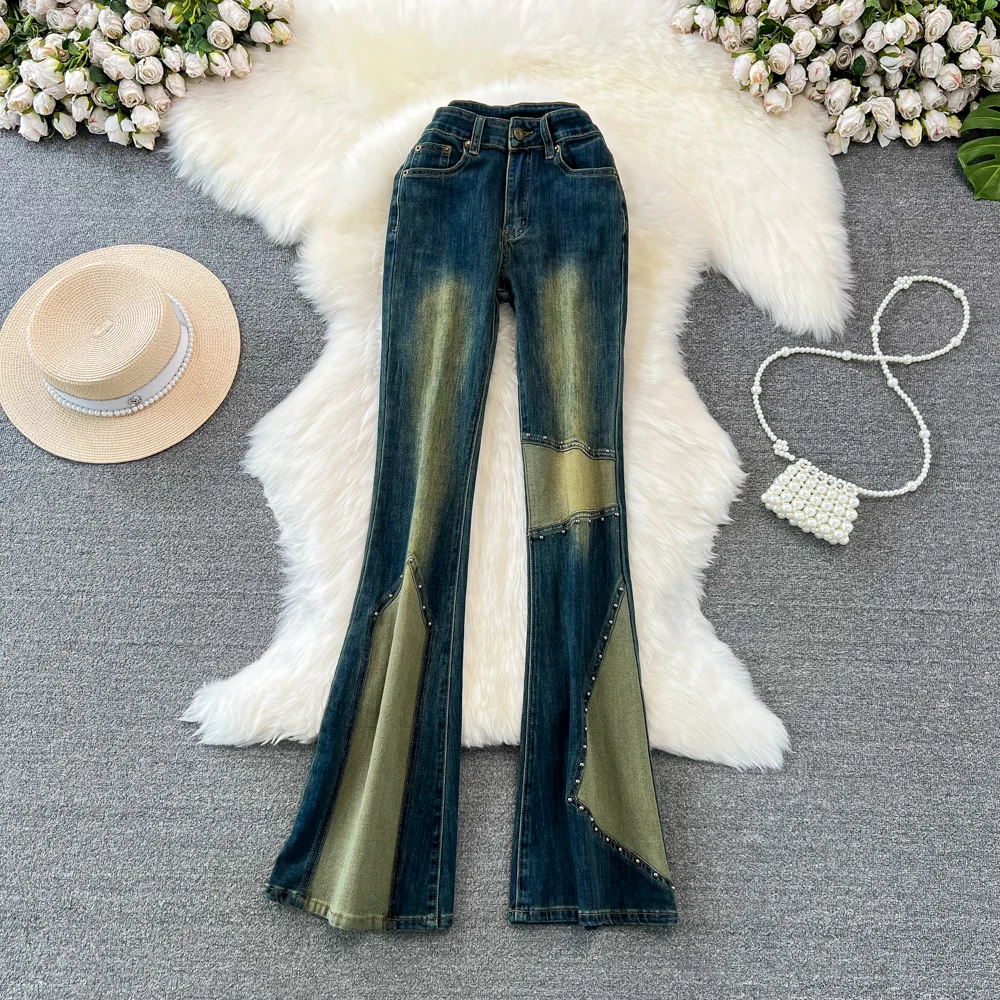 

2023 Autumn New Slimming Bootcut Pants Denim High Waist Flare Trousers Horn Mop Pants Cool Style Women Belt Stitching Jeans