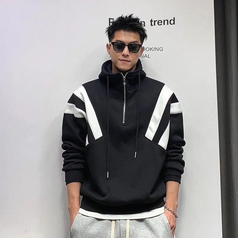 Zip Up Hoodie Men Sweatshirt Pullover Long Sleeve Patchwork Tops Autumn Winter Coat Streetwear Hooded Jackets New