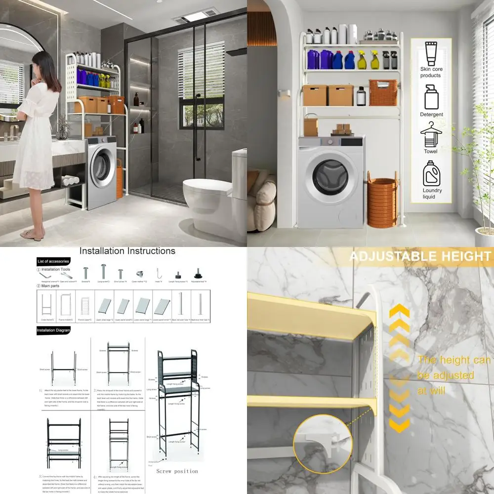 

3-Tier Expandable Washer Dryer Rack, Over Toilet Laundry Storage, Bathroom Organizer with Pegboard Hooks (White)