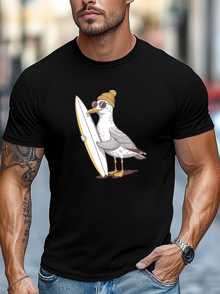 Men Mustard Yellow Crew Neck Tee Cool Seagull With Beanie Sunglasses Surfboard Graphic Soft Short Sleeve Beach Surfer Loose Male