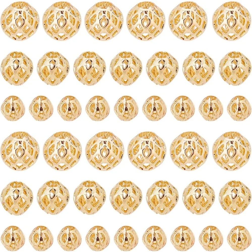 

60pcs Golden Round Beads 14K Gold Plated Brass Hollow Beads 4 6 8mm Filigree Beads Metal Spacer Beads Loose Beads for Earrings