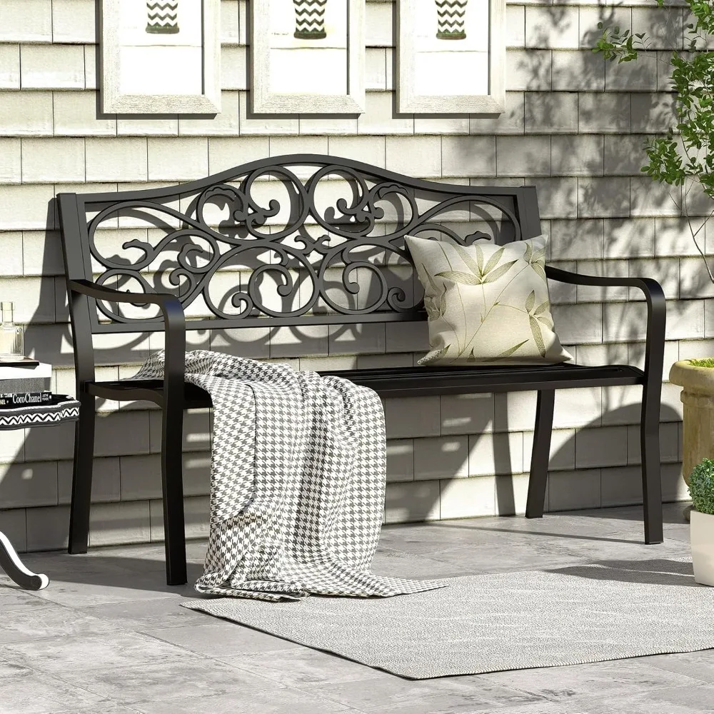50 Inches Outdoor Garden Park Bench, Cast Iron Metal Patio Bench with Floral Design Backrest, Armrests and Slatted, Customized