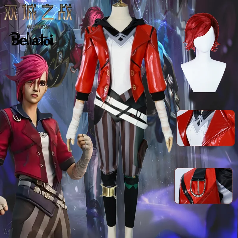 

Vi Cosplay Game LOL Arcane Costume Piltover Enforcer Outfit Vi Uniform Red Wig Suit Halloween Carnival Role Play Props Woman