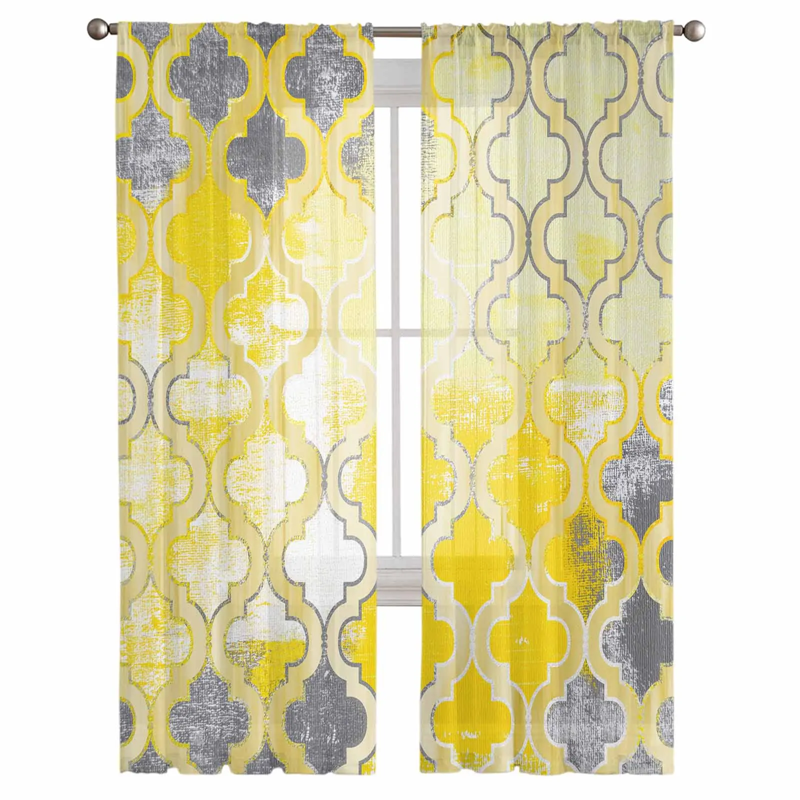 Vintage Abstract Morocco Yellow Sheer Tulle Curtains for Living Room Valance Curtains Kitchen Bedroom Window Voile Drapery