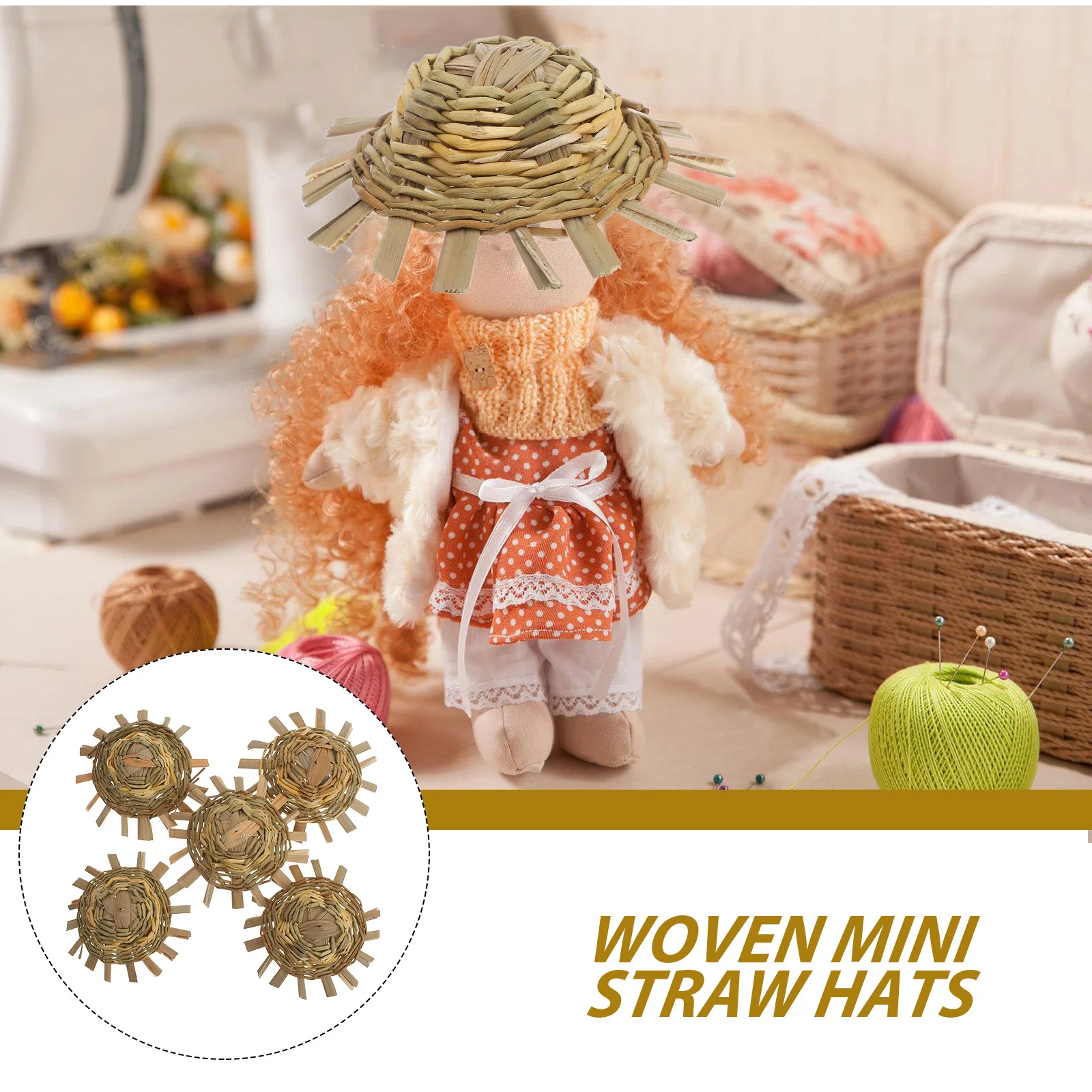 5Pcs Mini Straw Hats Light Yellow 8-9Cm Outer Diameter Country Style Miniature Handwoven Caps for Crafts Pets Party Decoration