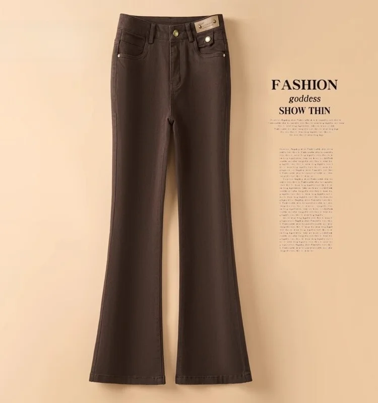 กางเกงขายาวทรงกระดิ่งเอวสูงผ้าฝ้ายสำหรับผู้หญิง สีกากี สไตล์ลำลอง เหมาะสำหรับฤดูใบไม้ผลิและฤดูใบไม้ร่วง แฟชั่นกางเกงยีนส์ผู้หญิง