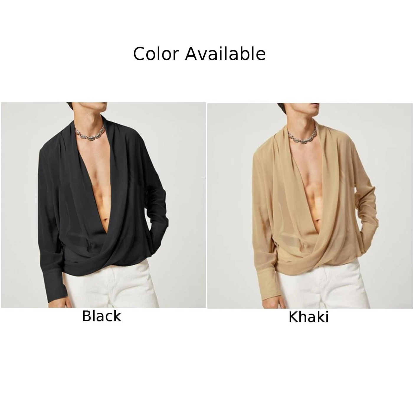 Fashion Men\'s Sheer Cross Deep V Neck Long Sleeve Shirts And Blouses Sexy Solid Color Chiffon Pullover Shirt Tops Man Clothing