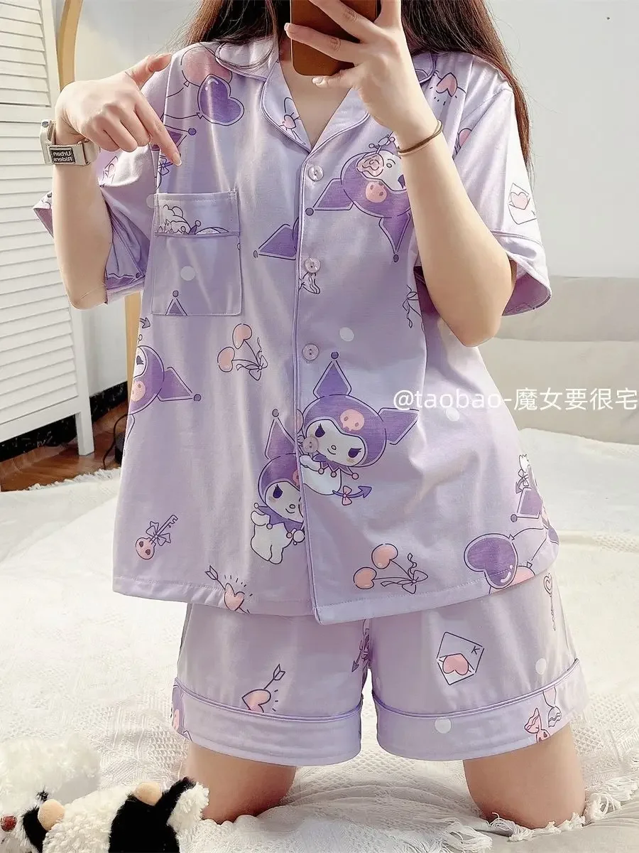 Sanrio Kuromi Pajamas Women Summer Cute New Korean Fashion Print Short Sleeve Sleepwear Cartoon Cute Pajama Set Home Clothes Y2k