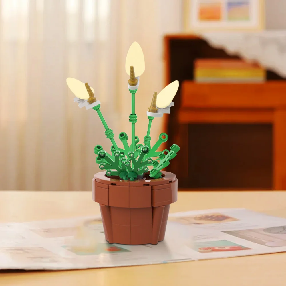 Gobricks-décennie s de construction de plantes en pot de lys de la paix MOC, modèle de bouquet de simulation de lys, fleurs ne se fanent jamais, jouets en briques, cadeaux pour enfants