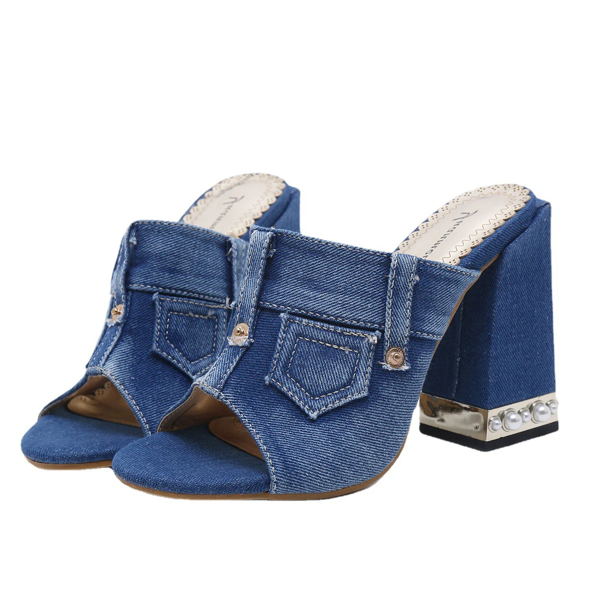 Modne damskie buty na grubym obcasie z pereł 2024 z wystającym palcem damskie markowe w stylu Casual, letnia pantofle dżinsowe niebieskie wysokie