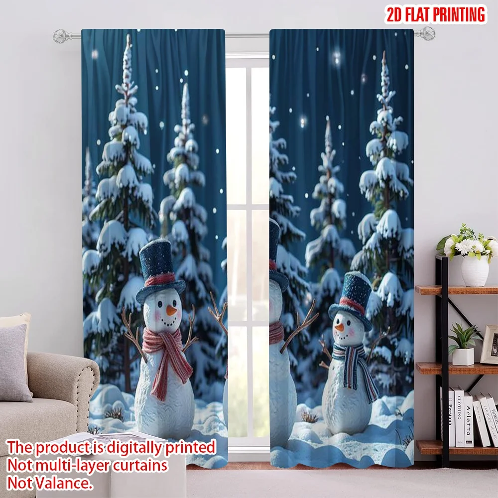 

2pcs 2D flat printing Merry Christmas Popular Party Window Curtains snowman Durable Polyester Without Electricity Spring for