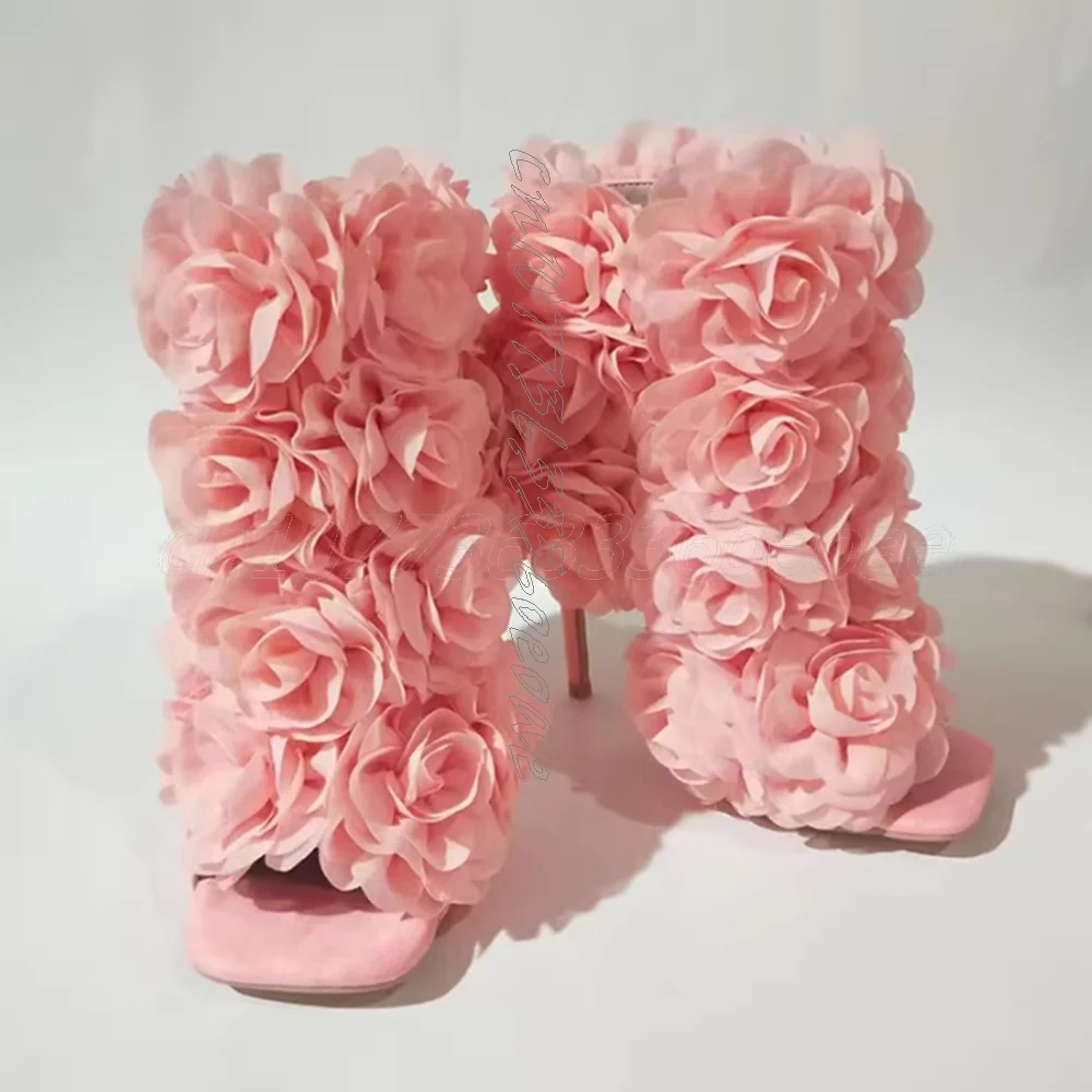 الوردي الأزهار مزين SquareToe أحذية نسائية مع رقيقة أحذية عالية الكعب الجلد المدبوغ سطح صنادل مماشي للموضة 2025 Zapatos Para Mujere