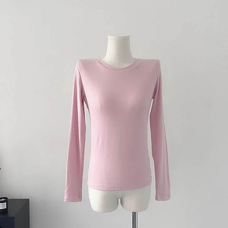 FADDISH 2024 Autumn Winter Women Fashion Round Collar Long Sleeve Slim Basic T Shirt Female Solid Color Casual Pullover Tee Tops