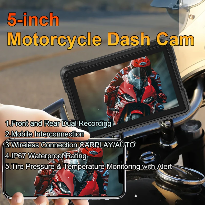 5 Inch Motorcycle DVR Front Rear Camera Waterproof Wireless CarPlay Android Auto GPS Navigation Motorcycle Dash Cam 128G TF card