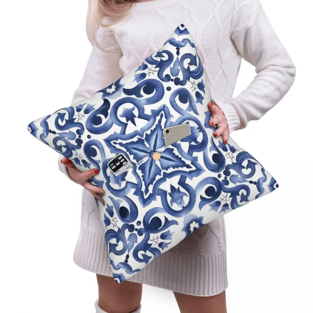 Blue Ornate Floral Mediterranean Sicilian Tile Square Linen Pillowcase CushionCoverPolyester Decor Bed Home Comfort Throw Pillow