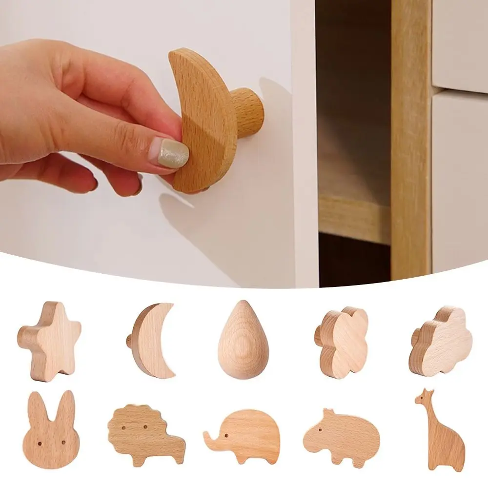 Cute Beech Wooden Door Handle Cartoon Animal Clouds Stars Furniture Wardrobe Cupboard Drawer Knob Simple Wood Hook Hanger