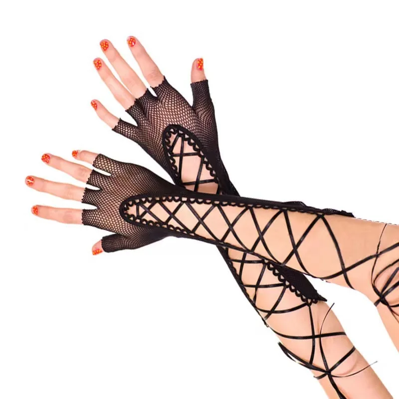 Women Sexy Black Long Fishing Net Mesh Half Finger Lacing Gloves Retro Party Prom Dress Decoration Metal Punk Style Pole Dance