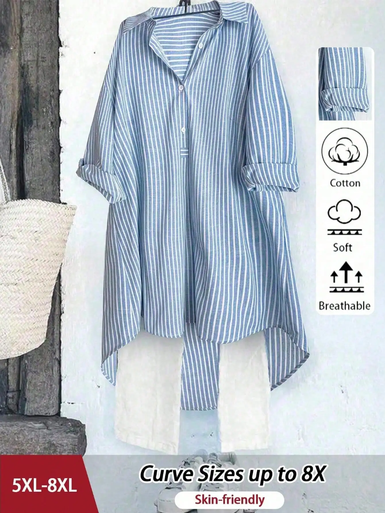 

Женская полосатая повседневная блузка больших размеров на пуговицах, свободного кроя, с длинными рукавами