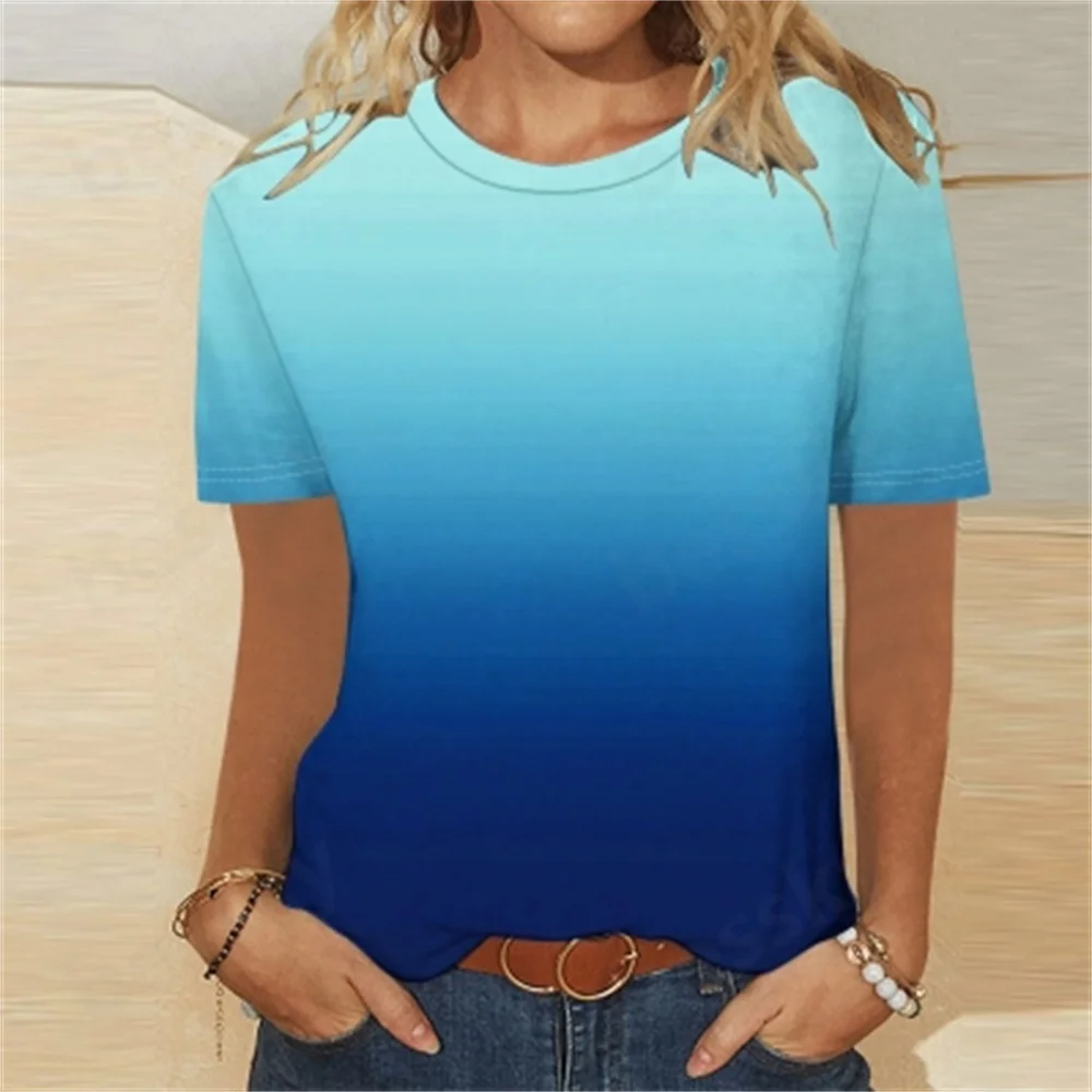 

2025 Women's Short Sleeve Gradient Fashion Round Neck Casual T-shirt